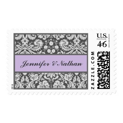 SILVER GRAY and LAVENDER Damask Wedding Stamp by JaclinArt