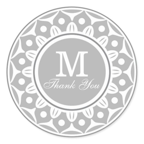 Silver Gray And White Floral Thank You Monogram Classic Round Sticker