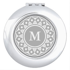 Silver Gray  Floral Pattern Monogrammed Makeup Mirrors