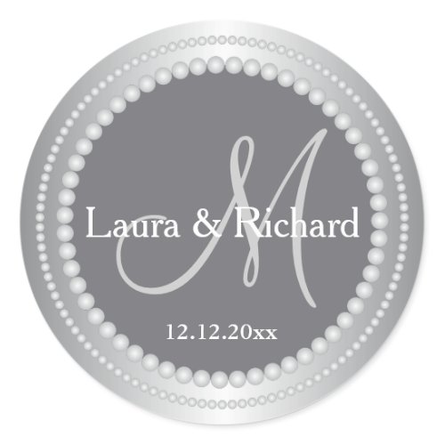 Silver Gray Personalized Wedding Monogram Seals Classic Round Sticker