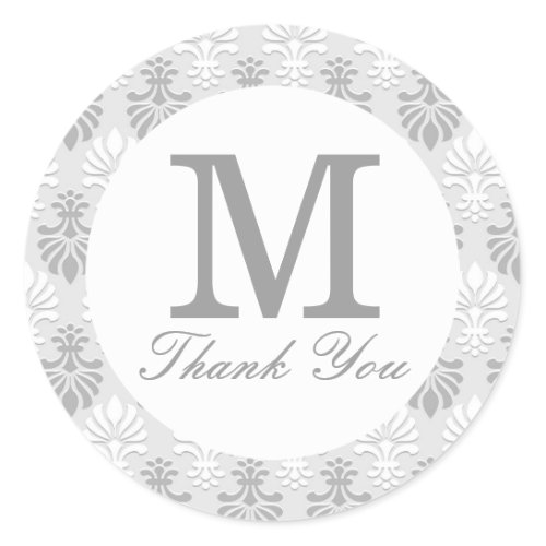 Silver Gray Print Pattern -  Thank You Monogram Classic Round Sticker