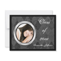Silver Harlequin Round Frame Photo Graduation Personalized Invite