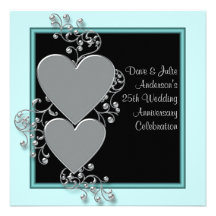 Silver Hearts Teal Silver 25th Anniversary Party Invitation