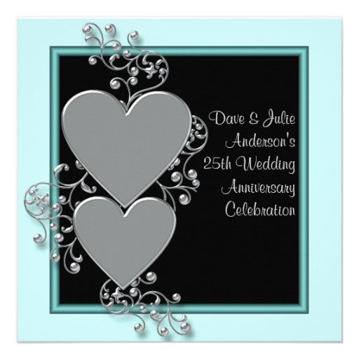 Silver Hearts Teal Silver 25th Anniversary Party Invitation