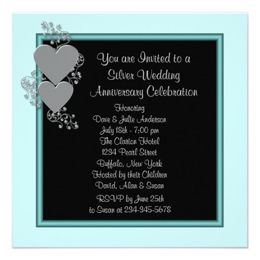 Silver Hearts Teal Silver 25th Anniversary Party Invitation