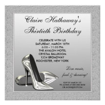 Silver High Heels Womans 30th Birthday Custom Invitation