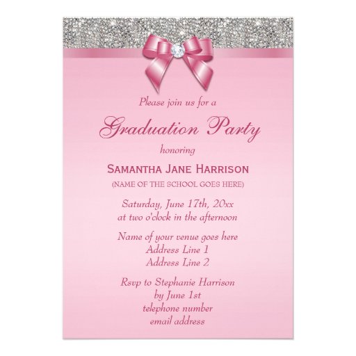 Silver Jewels Faux Bow Girls Graduation Party Custom Invitation
