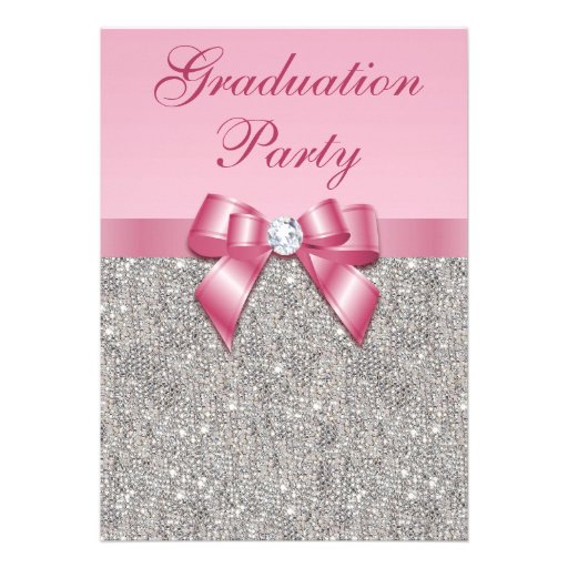 Silver Jewels Faux Bow Girls Graduation Party Custom Invitation (front side)