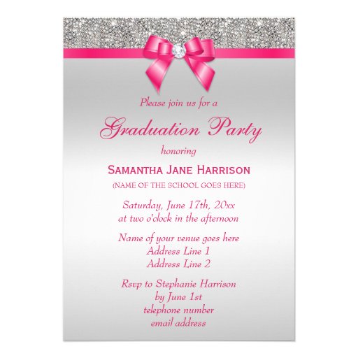 Silver Jewels Hot Pink Bow Girls Graduation Party Personalized Invites