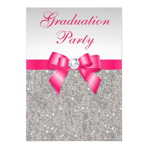 Silver Jewels Hot Pink Bow Girls Graduation Party Personalized Invites (front side)