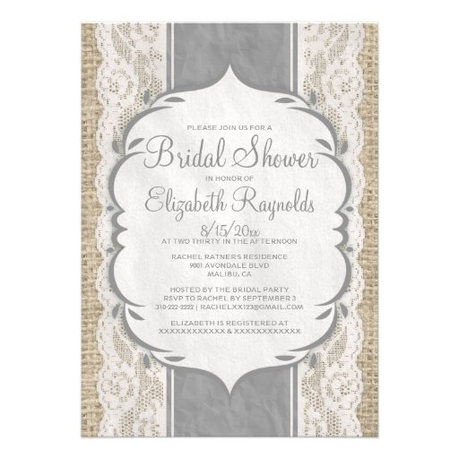 Silver Linen Burlap Lace Bridal Shower Invitations