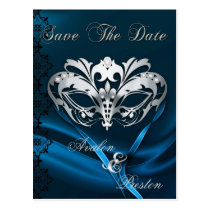 Silver Masquerade Blue Jewel Save The Date postcards