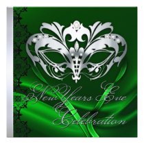 Silver Masquerade Mask Green New Years Invitation