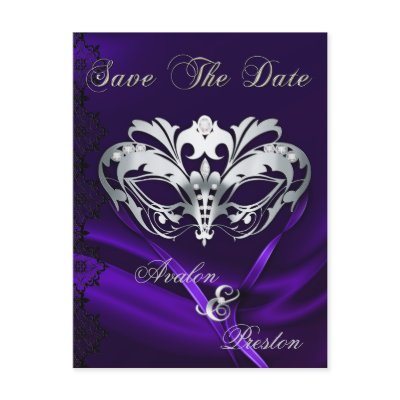 Silver Masquerade Purple Jewel Save The Date Post Card