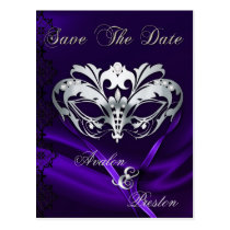 Silver Masquerade Purple Jewel Save The Date postcards