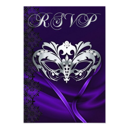 Silver Masquerade Purple Jeweled RSVP Invitation