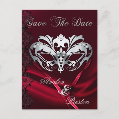 Silver Masquerade Red Jewel Save The Date Postcard