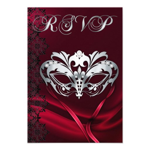 Silver Masquerade Red Jeweled RSVP Invitation (front side)
