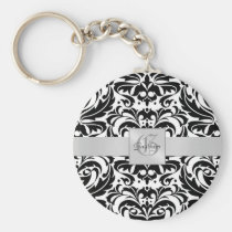 Silver Metal Ribbon Damask Holiday Keychain