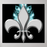 Silver Metallic Glowing Blue Fleur De Lis Poster
