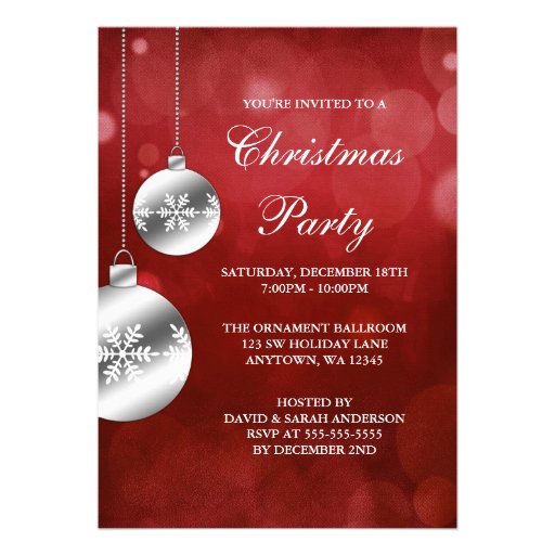 Silver Ornaments Red Bokeh Christmas Party Personalized Invites