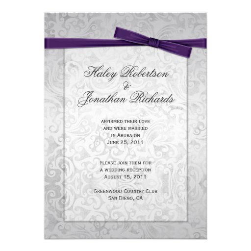 Silver Overlay Purple Ribbon Bow Post Wedding Personalized Announcement