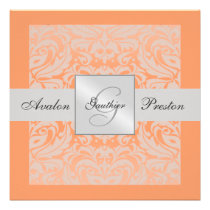 Silver & Peach Monogram Damask Border Invitation invitations