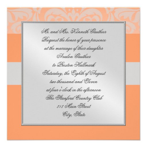 Silver & Peach Monogram Damask Border Invitation