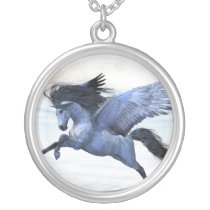 pegasus, wings, flight, fable, horse, magic, fantasy, fairytale, creature, myth, mythology, stallion, equine, equus, steed, animal, mount, wild, beast, beautiful, beauty, charger, silver, gray, pegasi, Necklace with custom graphic design