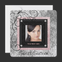 Silver Pink Black Damask Photo Sweet 16 Party Invites