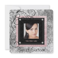 Silver Pink Black Damask Photo Sweet 16 Party invitation