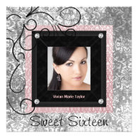 Silver Pink Black Damask Photo Sweet 16 Party Invites