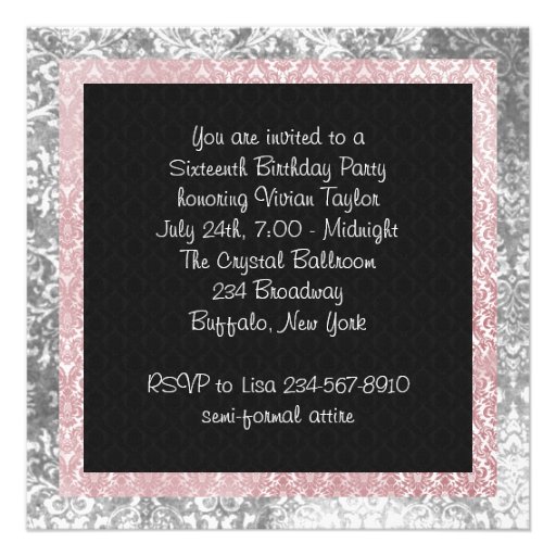 Silver Pink Black Damask Photo Sweet 16 Party Invites
