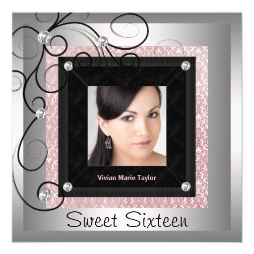 Silver Pink Black Damask Photo Sweet 16 Party Announcements