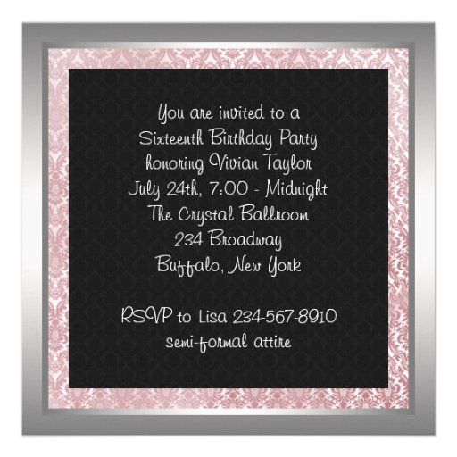 Silver Pink Black Damask Photo Sweet 16 Party Announcements