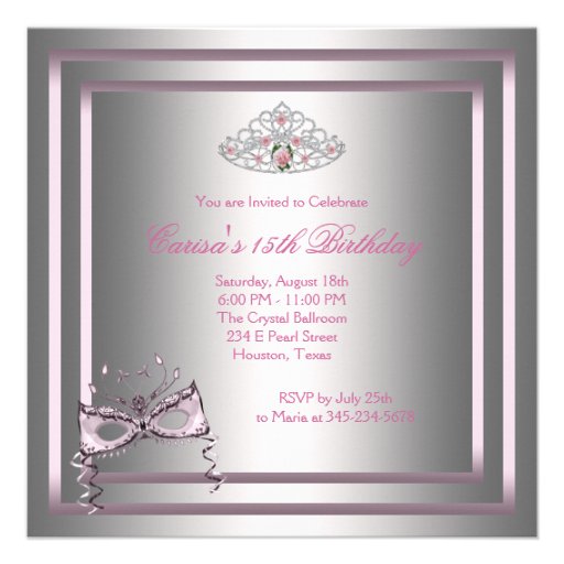 Silver Pink Black Masquerade Party Personalized Invitations