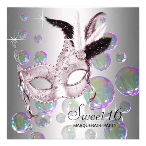 Silver Pink Bubbles Sweet Sixteen Masquerade Party Custom Invites (front side)
