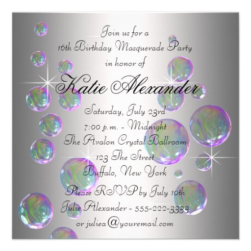 Silver Pink Bubbles Sweet Sixteen Masquerade Party Custom Invites