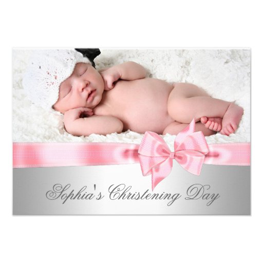 Silver Pink Damask Bow Girl Photo Christening Personalized Invitations