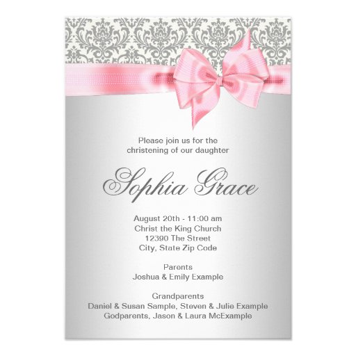 Silver Pink Damask Bow Girl Photo Christening Personalized Invitations