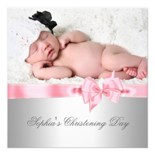 Silver Pink Damask Bow Girl Photo Christening Personalized Invite