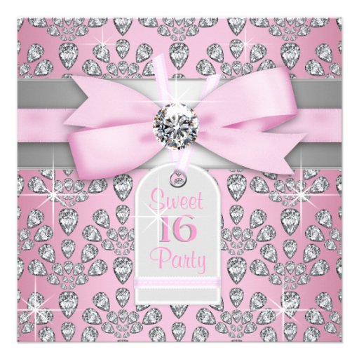 Silver Pink Diamond Pink & Gray Sweet 16 Birthday Invite