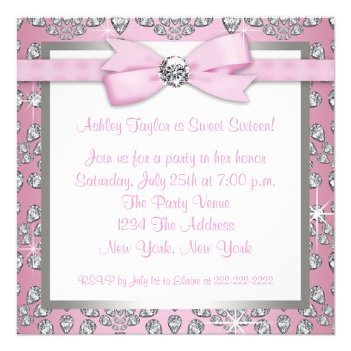 Silver Pink Diamond Pink & Gray Sweet 16 Birthday Invite