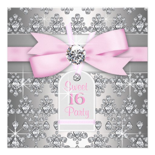 Silver Pink Diamond Pink & Gray Sweet 16 Birthday Announcements
