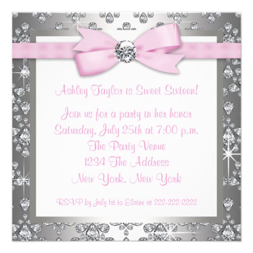 Silver Pink Diamond Pink & Gray Sweet 16 Birthday Announcements