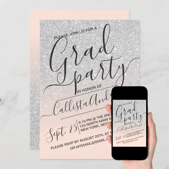 Silver Pink Faux Sparkly Glitter Ombre Graduation Invitation Zazzle