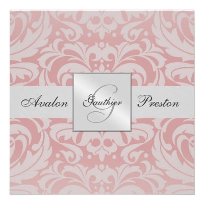 Silver & Pink Monogram Damask Wedding Invitation