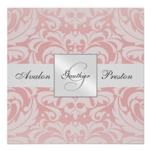 Silver & Pink Monogram Damask Wedding Invitation