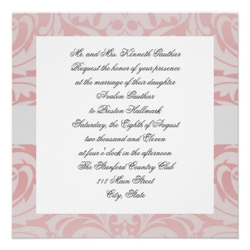 Silver & Pink Monogram Damask Wedding Invitation