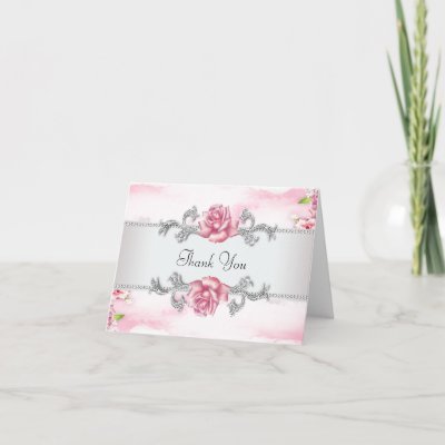 Silver Pink Rose Thank You Cards